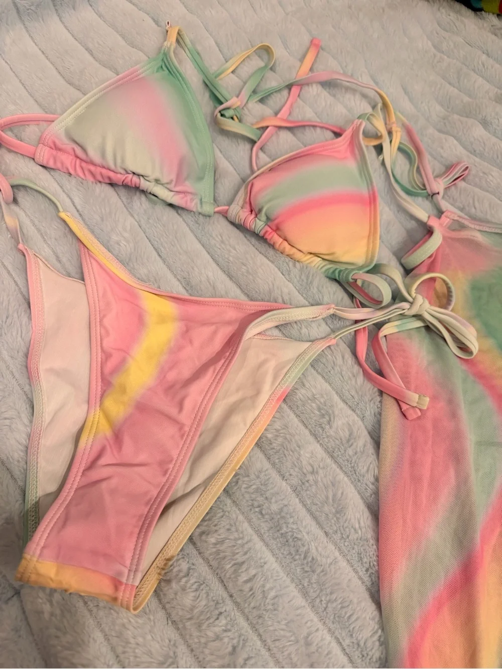 NEVER WORN adorable 3-piece pastel swim set with tie dye bikini and sheer pants